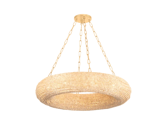 Chandelier In Brass With Beaded Wooden Shade 3 Chandelier In Brass With Beaded Wooden Shade