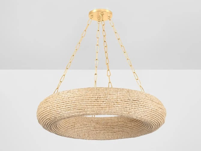 Chandelier In Brass With Beaded Wooden Shade 4 Chandelier In Brass With Beaded Wooden Shade - Image 2