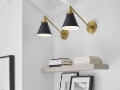 Cone Shade And Brass Backplate Wall Light -Andrew Martin 1093998 wellfleet single arm cone task sconce black and brass 2b