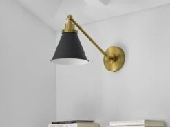 Cone Shade And Brass Backplate Wall Light -Andrew Martin 1093999 wellfleet single arm cone task sconce black and brass 3