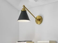 Cone Shade And Brass Backplate Wall Light -Andrew Martin 1094000 wellfleet single arm cone task sconce black and brass 3b