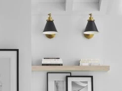 Cone Shade And Brass Backplate Wall Light -Andrew Martin 1094003 wellfleet single arm cone task sconce black and brass 5