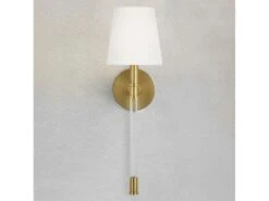 Wall Light In Brass With Cream Linen Shade -Andrew Martin 122425 hanover sconce in burnished brass with linen shade 2