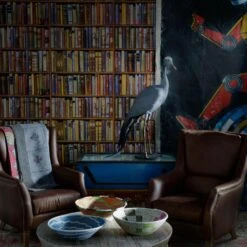 Library Wallpaper - Multi Wallpaper -Andrew Martin 215558 chelsea chair plain chestnut and balzac coffee table