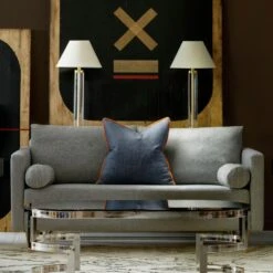 Wessex Navy Fabric -Andrew Martin 225192 brindle 3 seater sofa in york marl with bolsters in cambridge marl and scatter cushion in wessex navy with sampson side tables otto table lamps and quilted harrow chairs