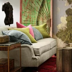 Palazzo Teal Cushion -Andrew Martin 233118 montague sofa upholstered in paraggi muscari with scatter cushions in palazzo parasol moss and teal with rufus side table