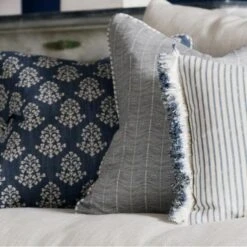 Furrow Denim Fabric -Andrew Martin 257224 furrow sprig and picket denim cushions with desert island trim in denim 2