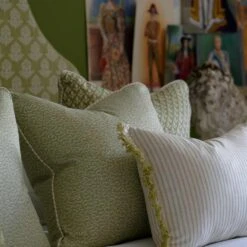 Pollen Leaf Cushion -Andrew Martin 257270 bud pollen and picket leaf cushions with desert island trim in palm