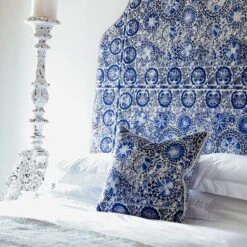 Iznik Cobalt Cushion -Andrew Martin 60271 chloe custom headboard in iznik cobalt